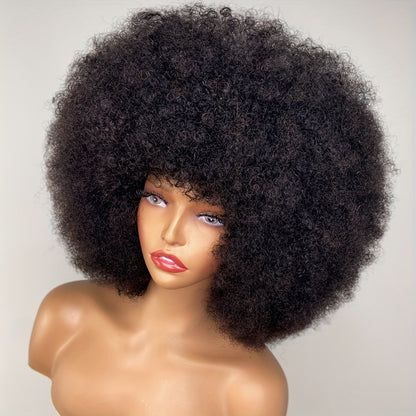 Afro Curly Wigs Human Hair Wigs, 12 Inch Short Afro Kinky Curly Wigs For Black Women, Natural Black Glueless Afro Wigs Curly 180 Density