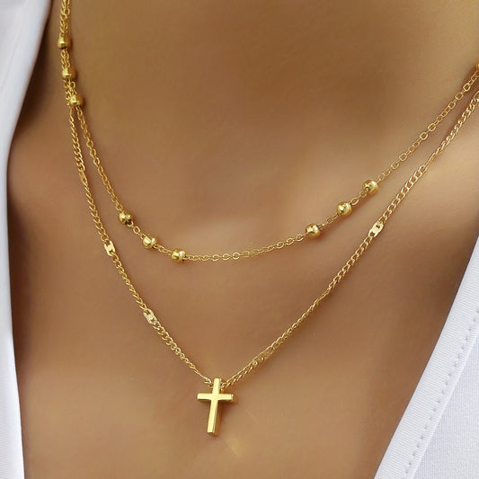 Vintage-Inspired Double Layer Cross Pendant Necklace - Ladies' Elegant Holiday Jewelry Gift - Clavicle Chain Beads Chain Design, Dainty and Delicate, Perfect for Everyday Wear