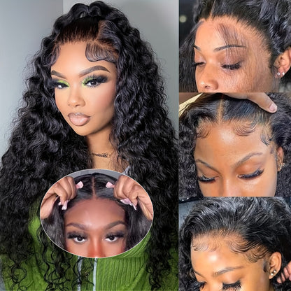 Put On And Go 13x6 Water Wave Wig Glueless Wigs Human Hair Pre Plucked Pre Cut Human Hair Wigs 200% Density For Women Human Hair HD Lace Frontal Deep Curly Wigs Glueless Wig For Beginners