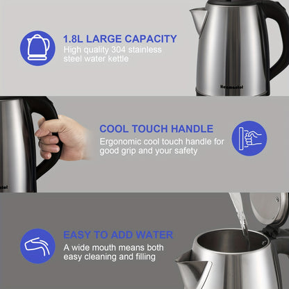 1.8L Electric Kettle, Stainless Steel Double Wall Hot Water Boiler with Auto Shut Off, Boil-Dry Protection, LED Indicator, and BPA-Free Design for Coffee and Tea Lovers