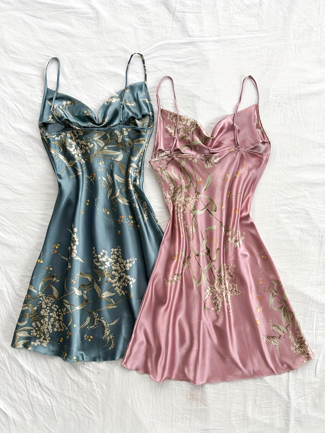 2 Pcs Elegant Floral Print Silky Sleepwear Dress, Comfortable Backless Cowl Neck Nightgown for Women, Soft and Cozy Slip Dress