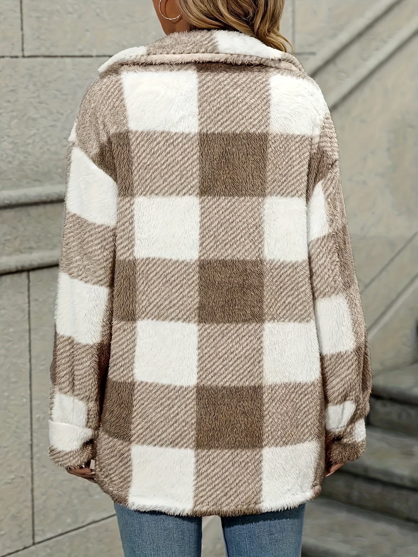 Stylish Plaid Teddy Coat - Women's Casual Jackets with Long Sleeves, Thermal Insulation, and Versatile Button Front Design for Winter Outwear - Soft, Warm, and Cozy