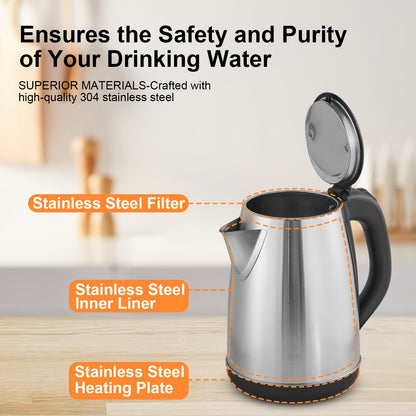 1.8L Electric Kettle, Stainless Steel Double Wall Hot Water Boiler with Auto Shut Off, Boil-Dry Protection, LED Indicator, and BPA-Free Design for Coffee and Tea Lovers