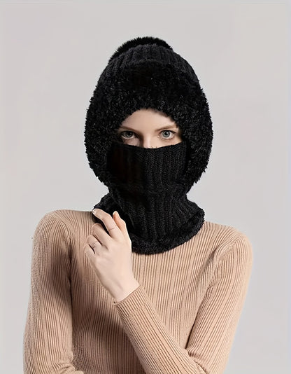 Knitted Hat For Women In Autumn And Winter, Thickened With Fleece, Cold Resistant Hat, Scarf Mask, One-piece Warm Hat, Outdoor Cycling Hat