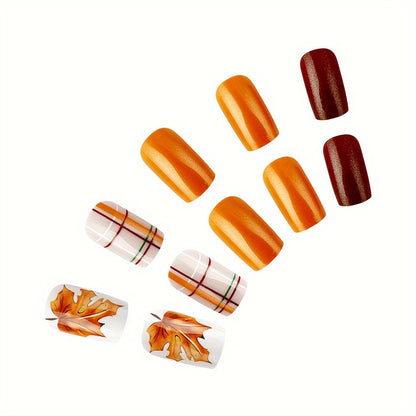 24pcs Golden Maple Leaf Glitter Press-On Nails Set - Medium Square, Shiny Finish with Striped & Plaid Designs for Fall/Winter Fashion