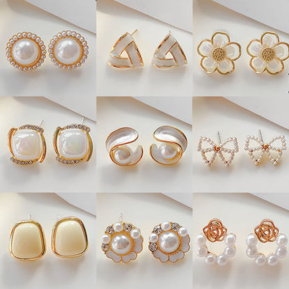 10 Pairs/Pack Imitation Pearl Flower Round Ball Square Butterfly Shaped Mini Earrings, Hypoallergenic Earrings, French Gentle White Beige Color Earrings, Good Gifts For Parents For Friends, For Wedding