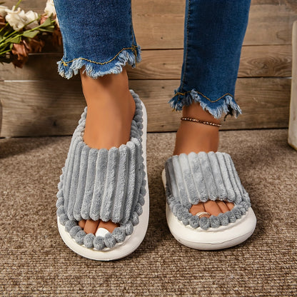 Women's Cozy Plush Half Toe Cap Slippers - Solid Color Fabric Upper with Warm Lining, Non-Slip EVA Sole, Casual Fashion Open Toe Stripe Design, Indoor House Shoes for North America & Europe