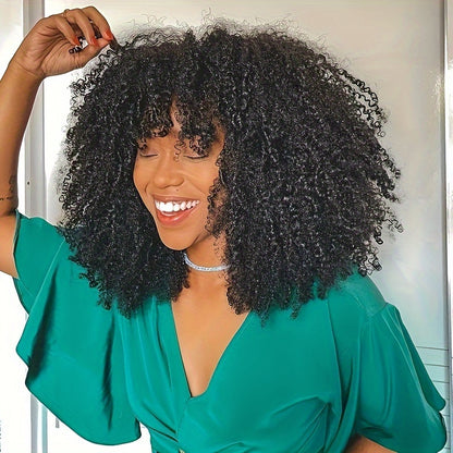 Afro Kinky Curly Wig With Bangs Full Machine Made Scalp Top Wig 180 Density Virgin Brazilian Short Curly Human Hair Wigs Natural Color