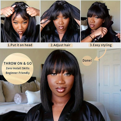 Straight Natural Scalp Raw Human Hair HD Lace Bob With Bang 180% Density Glueless HD 2x1 Lace Bob With Bang Glueless Wigs