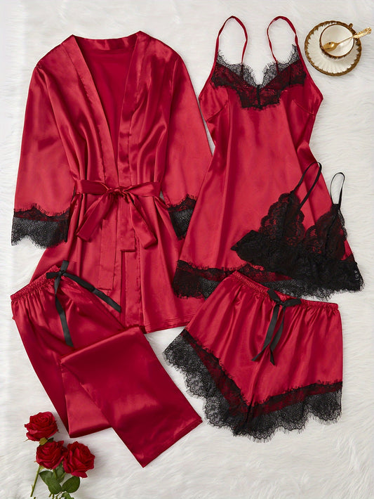 5-Piece Elegant Solid Satin Lace Trim Pajama Set - Long Sleeve Belted Robe, Hollow Out Cami Bra, V Neck Slip Dress, Shorts, and Pants - Soft, Comfortable, and Versatile Women's Sleepwear and Loungewear for Relaxation