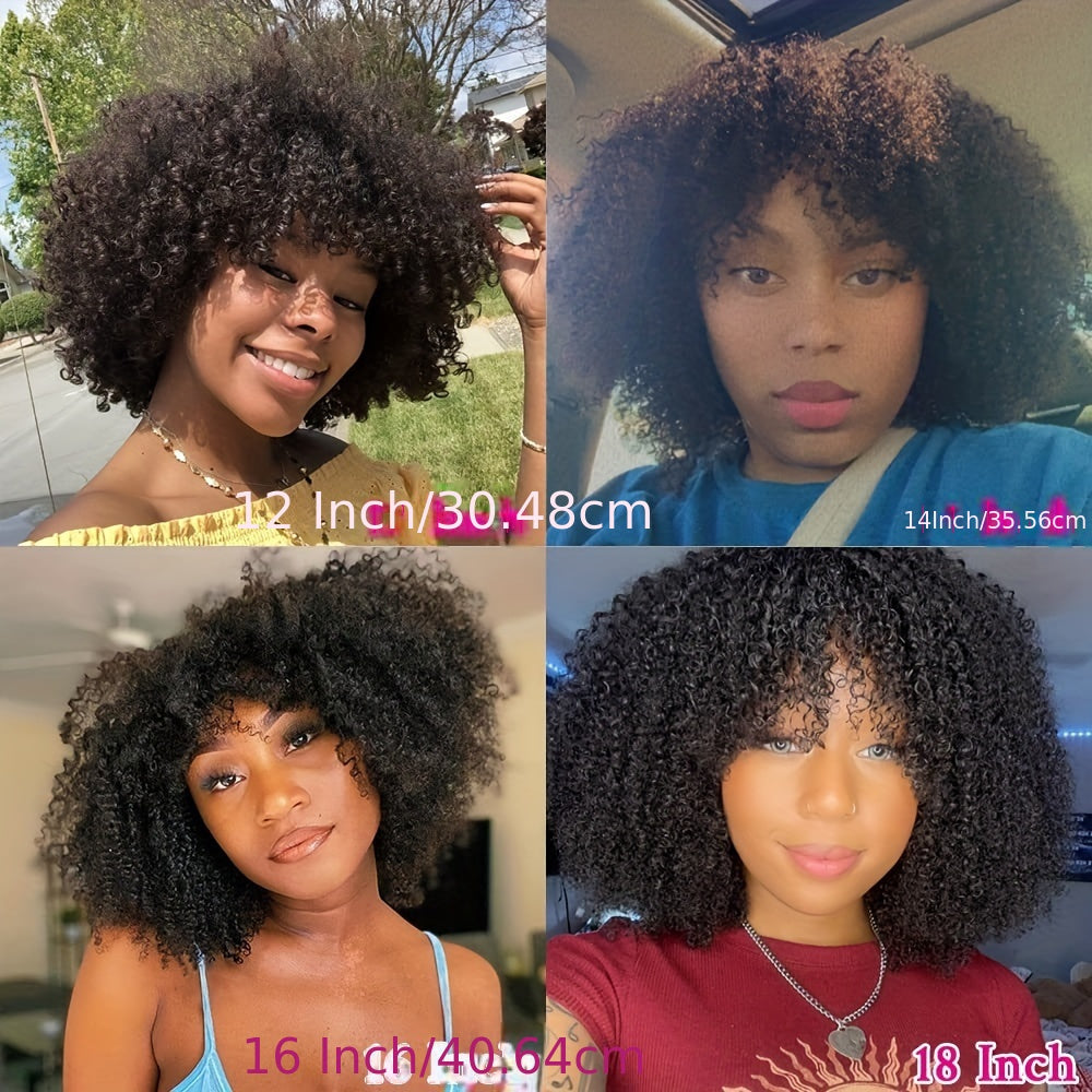 Afro Kinky Curly Wig With Bangs Full Machine Made Scalp Top Wig 180 Density Virgin Brazilian Short Curly Human Hair Wigs Natural Color