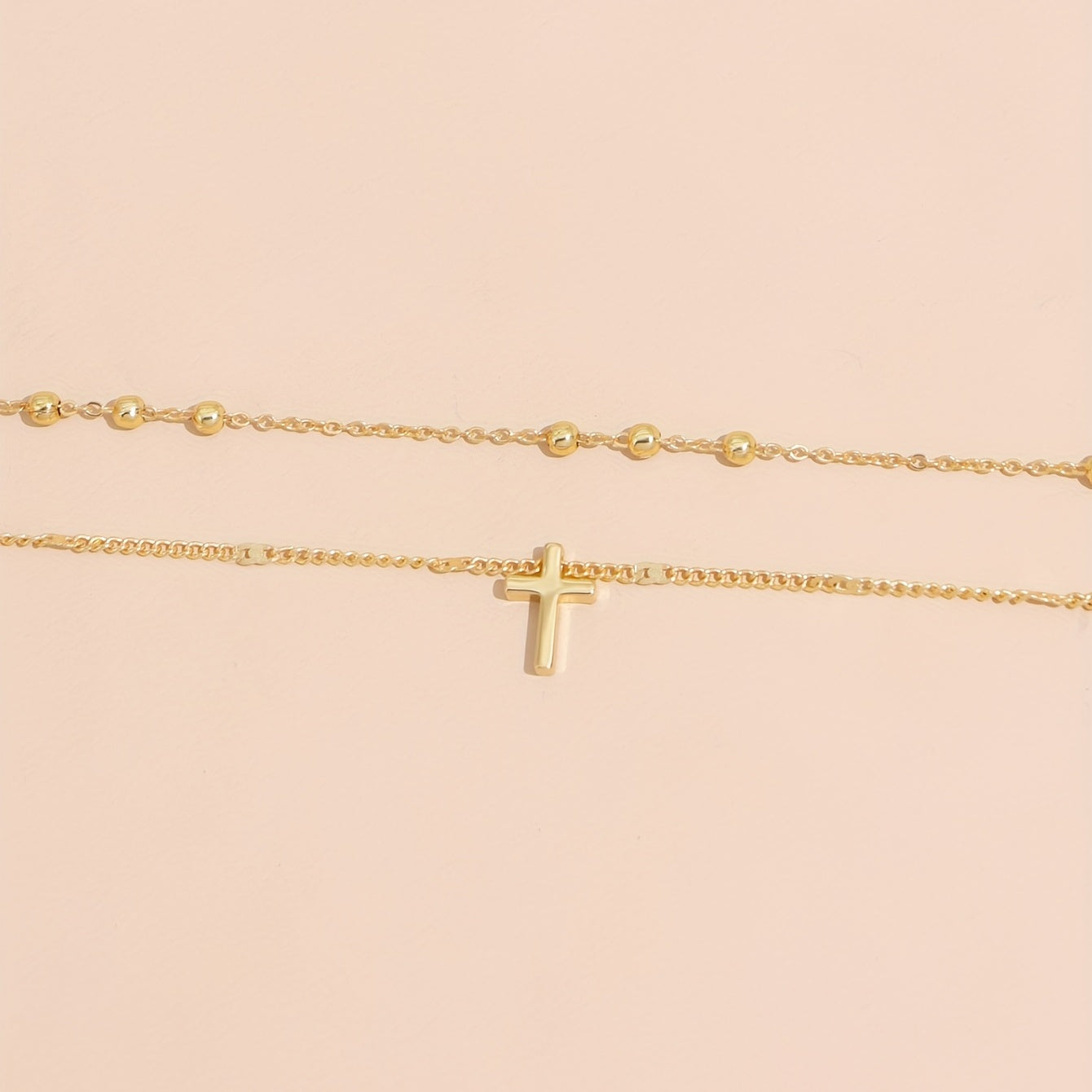 Vintage-Inspired Double Layer Cross Pendant Necklace - Ladies' Elegant Holiday Jewelry Gift - Clavicle Chain Beads Chain Design, Dainty and Delicate, Perfect for Everyday Wear