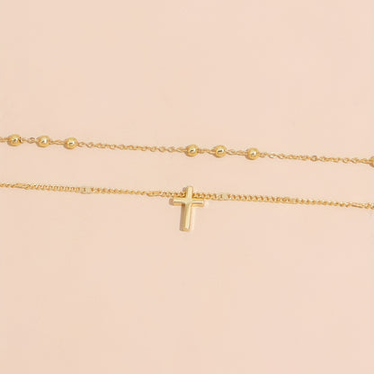 Vintage-Inspired Double Layer Cross Pendant Necklace - Ladies' Elegant Holiday Jewelry Gift - Clavicle Chain Beads Chain Design, Dainty and Delicate, Perfect for Everyday Wear