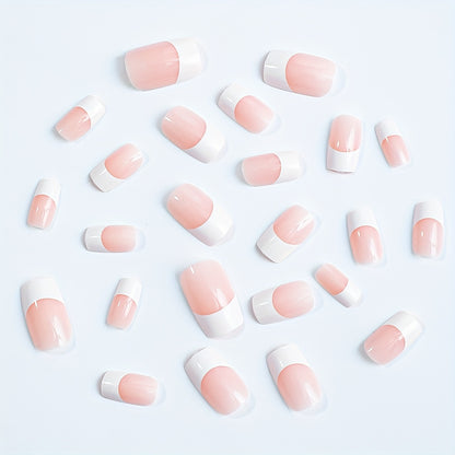 24pcs Square Press On Nails - Medium White French Tip Glossy Acrylic Nails with Nude Pinkish Full Cover Design - Includes 1sheet Jelly Glue, 1pc Nail File, and Easy-to-Apply Adhesive for a Salon-Quality Manicure at Home