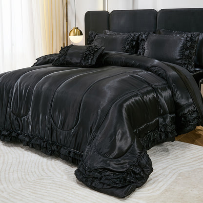 Silk Like Silky Comforter Set With Sheet Set Satin Bedding Comforter Set Silky Ruffle Pattern Home Deocr Luxury Silky Comforter Set With 1 Cushion Cover 200g Microfiber Filling Soft Lightweight For All Season