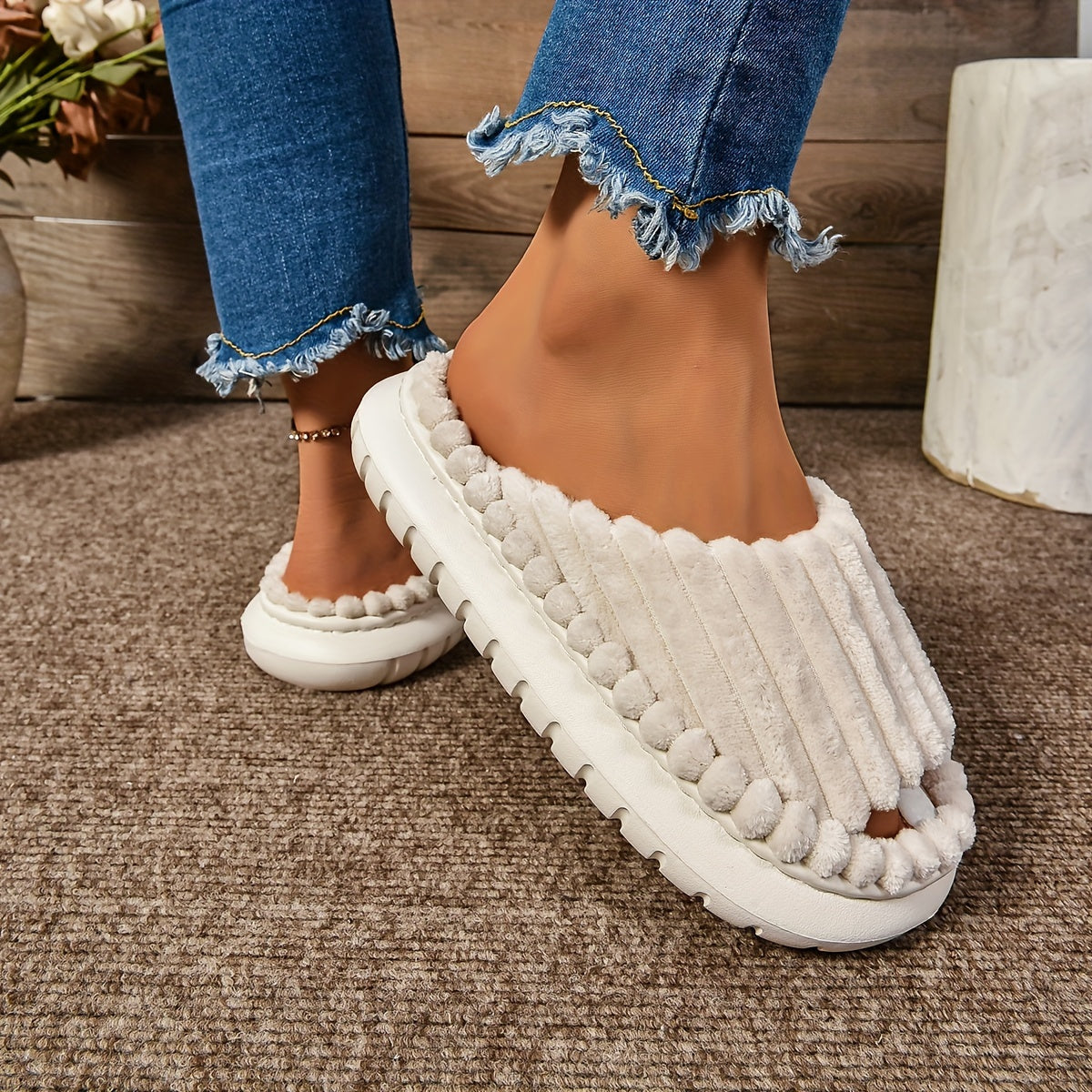 Women's Cozy Plush Half Toe Cap Slippers - Solid Color Fabric Upper with Warm Lining, Non-Slip EVA Sole, Casual Fashion Open Toe Stripe Design, Indoor House Shoes for North America & Europe