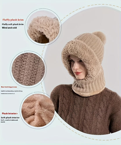 Knitted Hat For Women In Autumn And Winter, Thickened With Fleece, Cold Resistant Hat, Scarf Mask, One-piece Warm Hat, Outdoor Cycling Hat