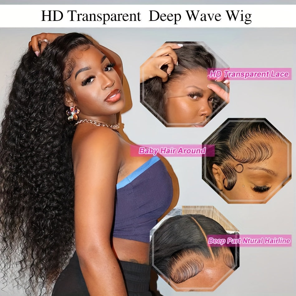 250% Density Deep Wave Lace Front Wigs 13X4 HD Lace Front Wigs 100% Brazilian Human Hair Full Edges Ear To Ear Swiss HD Pre Plucked Lace Wig With Baby Hair Deep Curly Wave Wig For Daily Wear