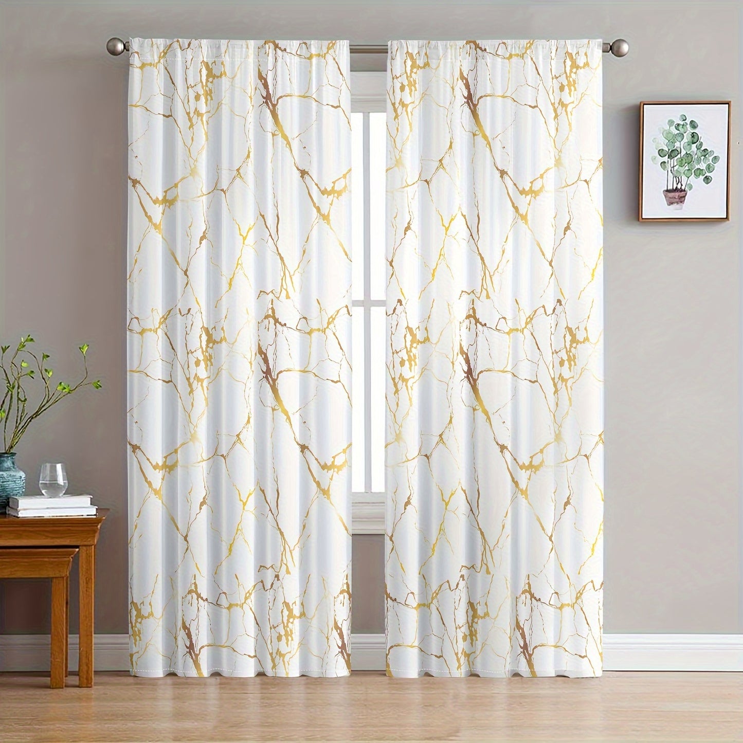 Set of 2 Glam Marble Pattern Rod Pocket Window Curtains - Semi-Sheer, Fade Resistant, Polyester Brushed Fabric for Living Room, Decorative Golden Foil Print, Machine Washable All-Season Drapes