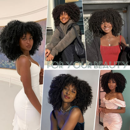 Afro Kinky Curly Wig With Bangs Full Machine Made Scalp Top Wig 180 Density Virgin Brazilian Short Curly Human Hair Wigs Natural Color