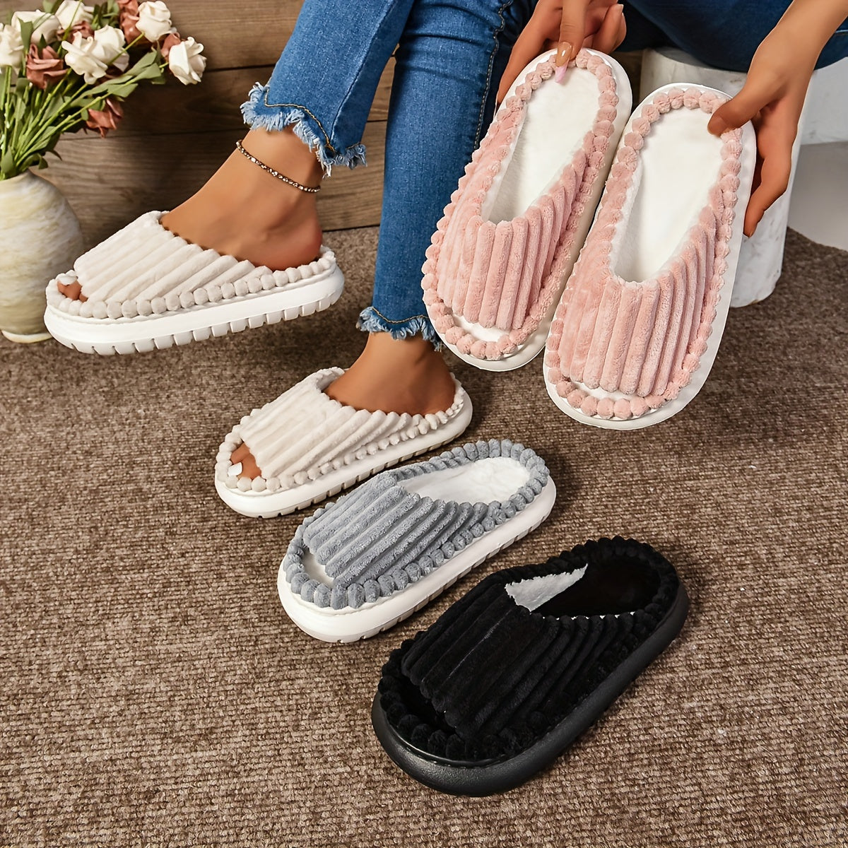 Women's Cozy Plush Half Toe Cap Slippers - Solid Color Fabric Upper with Warm Lining, Non-Slip EVA Sole, Casual Fashion Open Toe Stripe Design, Indoor House Shoes for North America & Europe