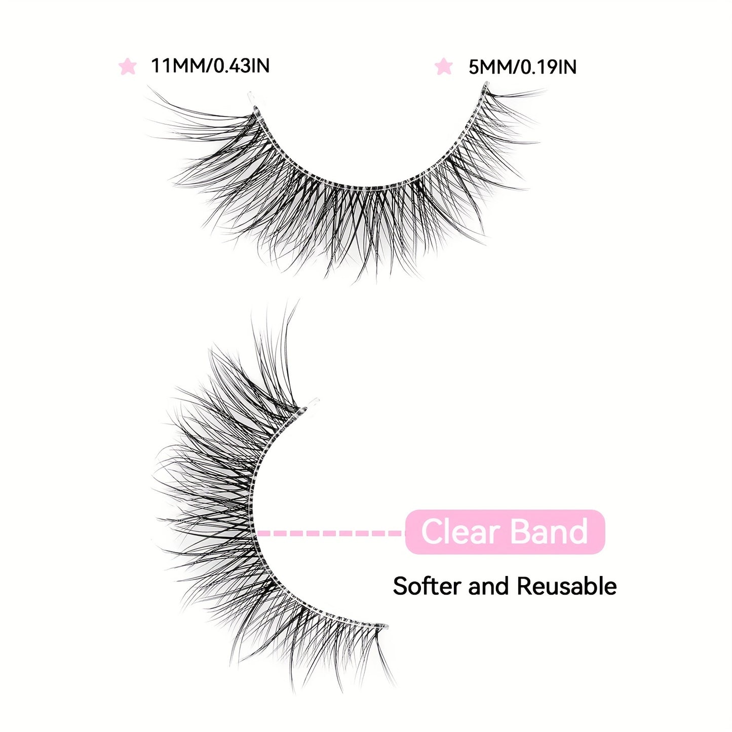 5 Pairs Short Strip Lashes - 3D Natural Wispy Faux Mink Eyelashes with Transparent Stem, Crisscrossed Cat Eye Design, Reusable and Easy to Apply