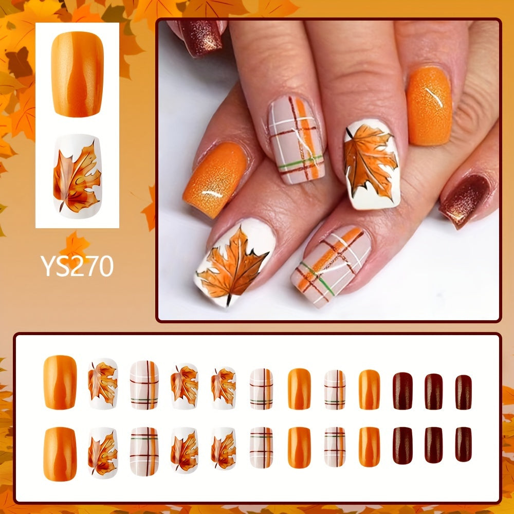 24pcs Golden Maple Leaf Glitter Press-On Nails Set - Medium Square, Shiny Finish with Striped & Plaid Designs for Fall/Winter Fashion